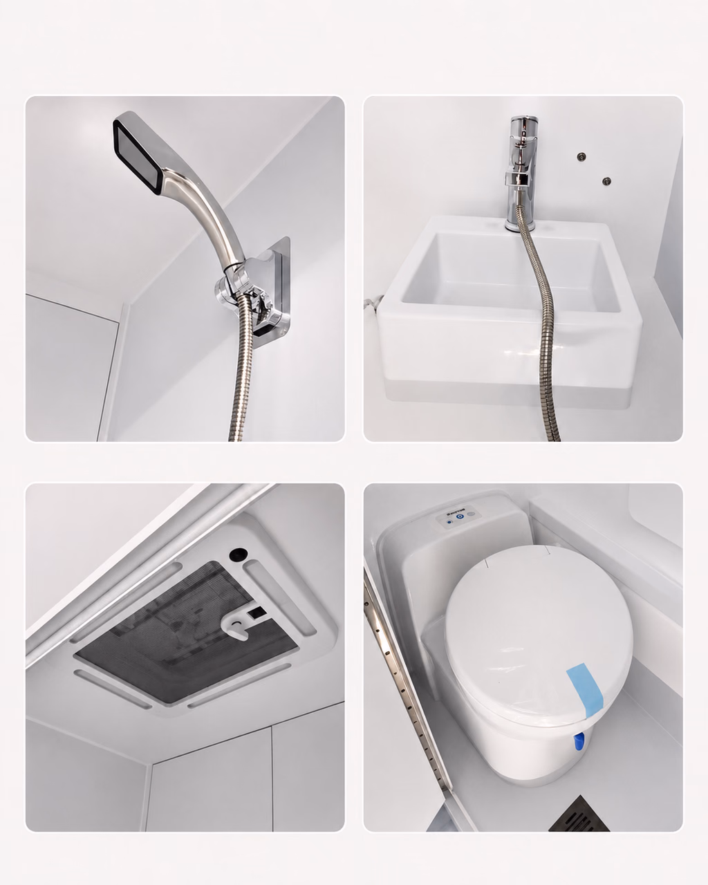 Kalowen bathroom module with shower, sink, vent, and toilet