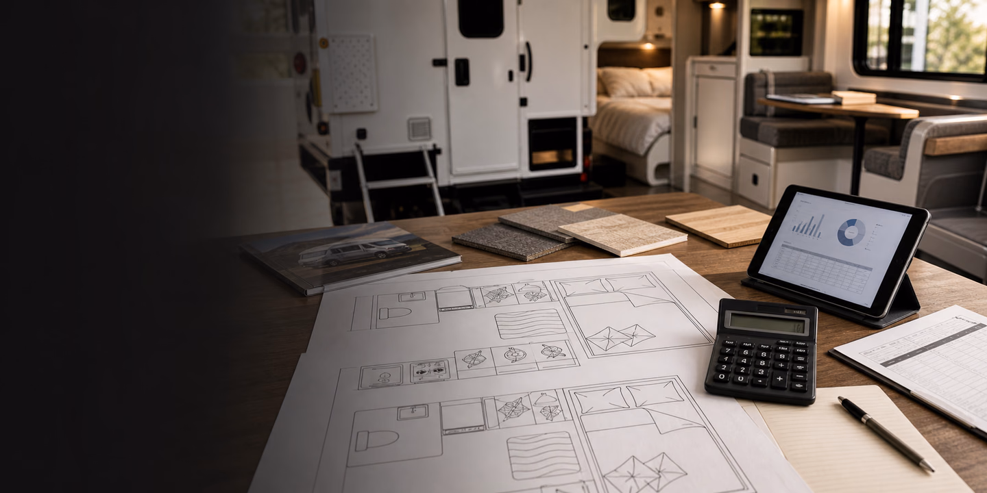 Kalowen financing consultation with a truck camper plan, payment worksheet, advisor notes, and a calm adventure planning atmosphere.