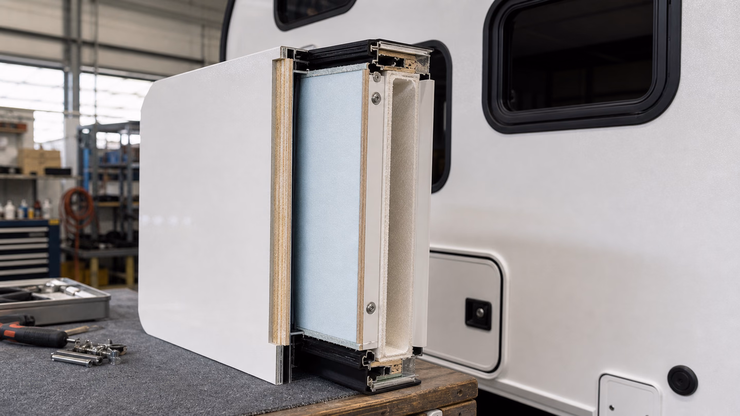 Cutaway construction image showing XPS composite wall layers, insulation, and sealed surfaces.