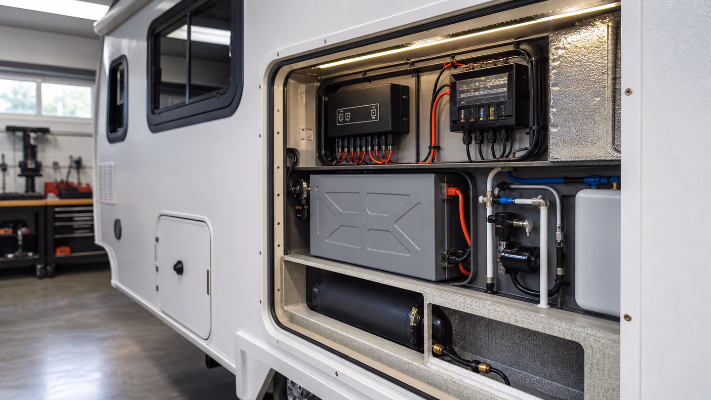 Interior service bay with labeled lithium, solar, water, and heating systems.