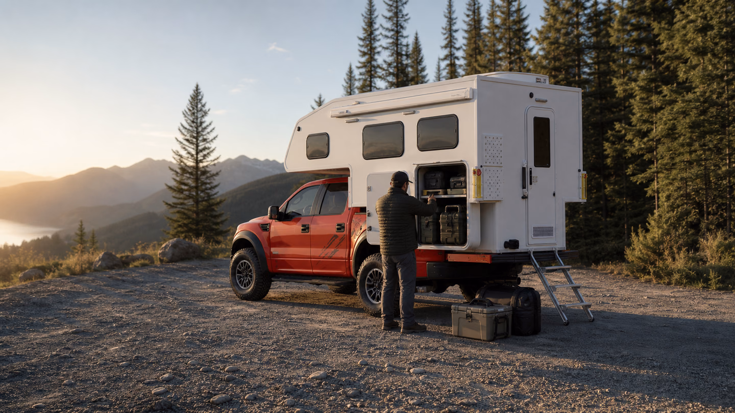 Remote gravel road at sunrise with a truck camper stopping before a mountain lake.