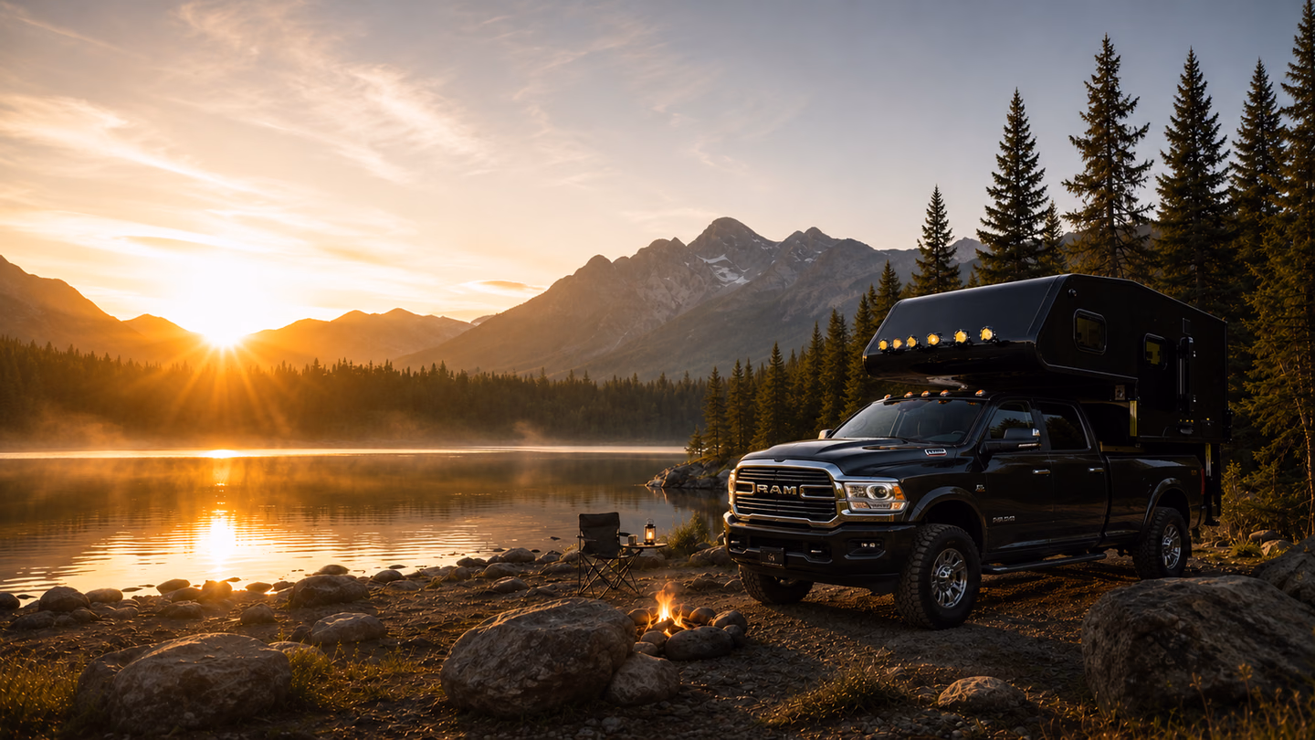 Full-screen hero image: Kalowen truck camper at sunrise beside a remote lake, with human presence and a premium adventure feeling.