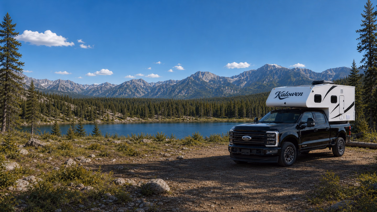 Full-screen hero image: Kalowen truck camper at sunrise beside a remote lake, with human presence and a premium adventure feeling.