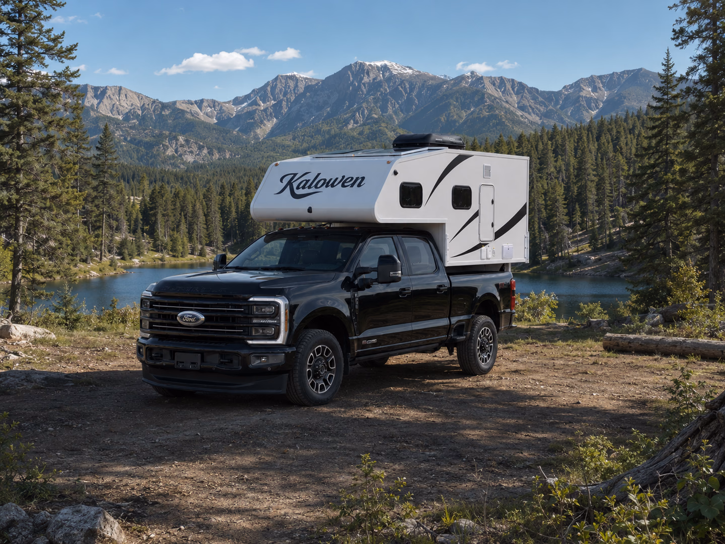White Kalowen 250 on a black pickup beside a mountain lake