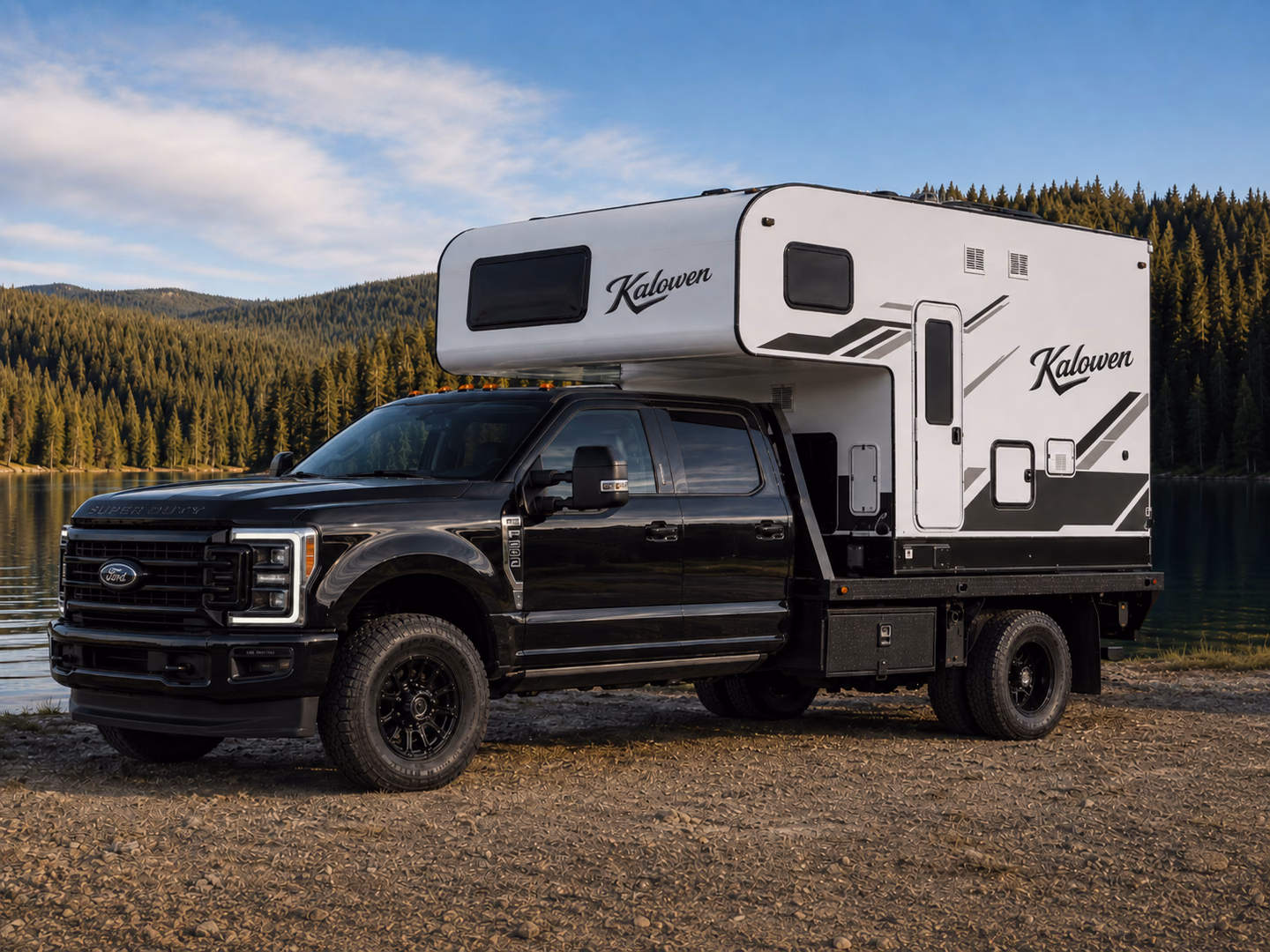 Kalowen 350XL concept on a flatbed truck beside a mountain lake