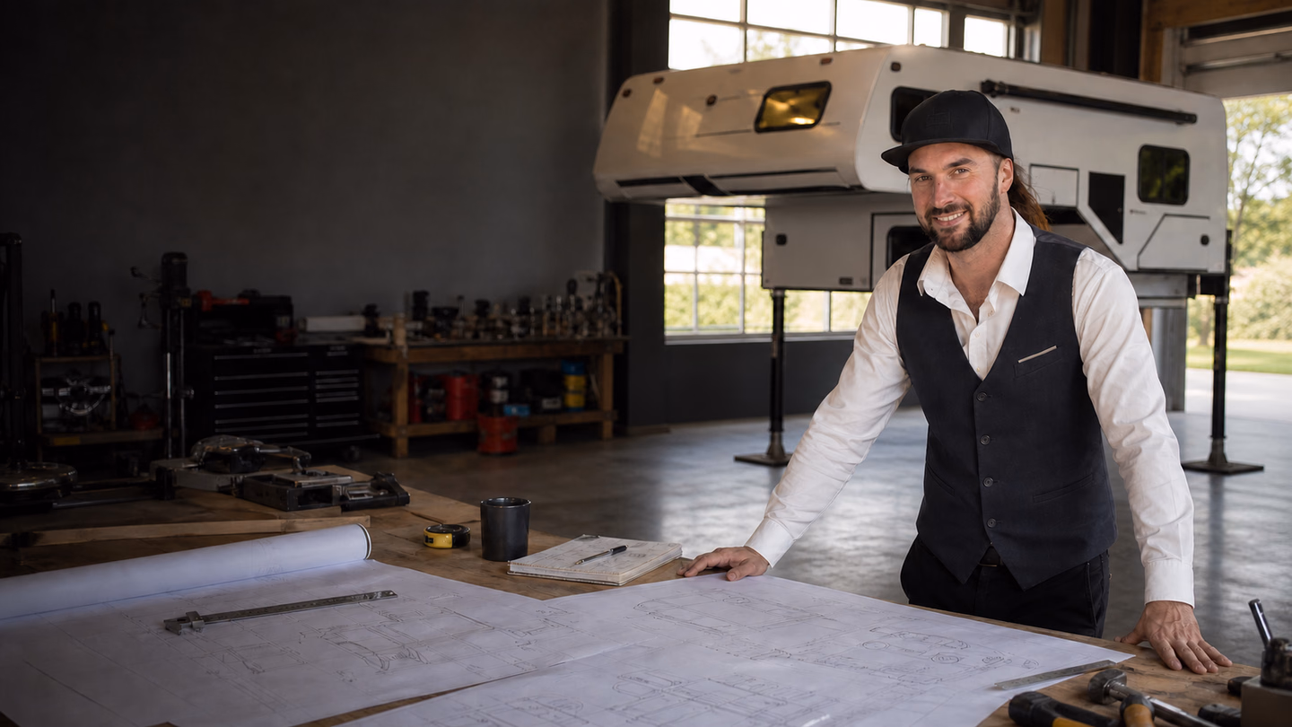 Portrait documentaire de Shawn Ford dans un atelier, avec plans de campeur, outils, lumière naturelle et véhicule prêt pour la route.