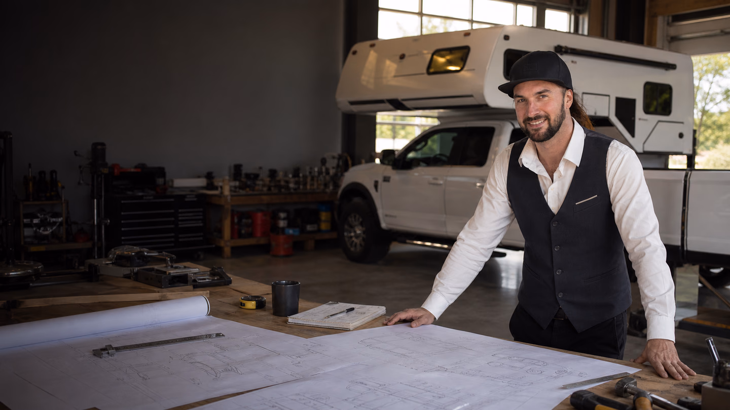 Documentary portrait of Shawn Ford in a workshop with camper plans, tools, natural light, and a road-ready vehicle.