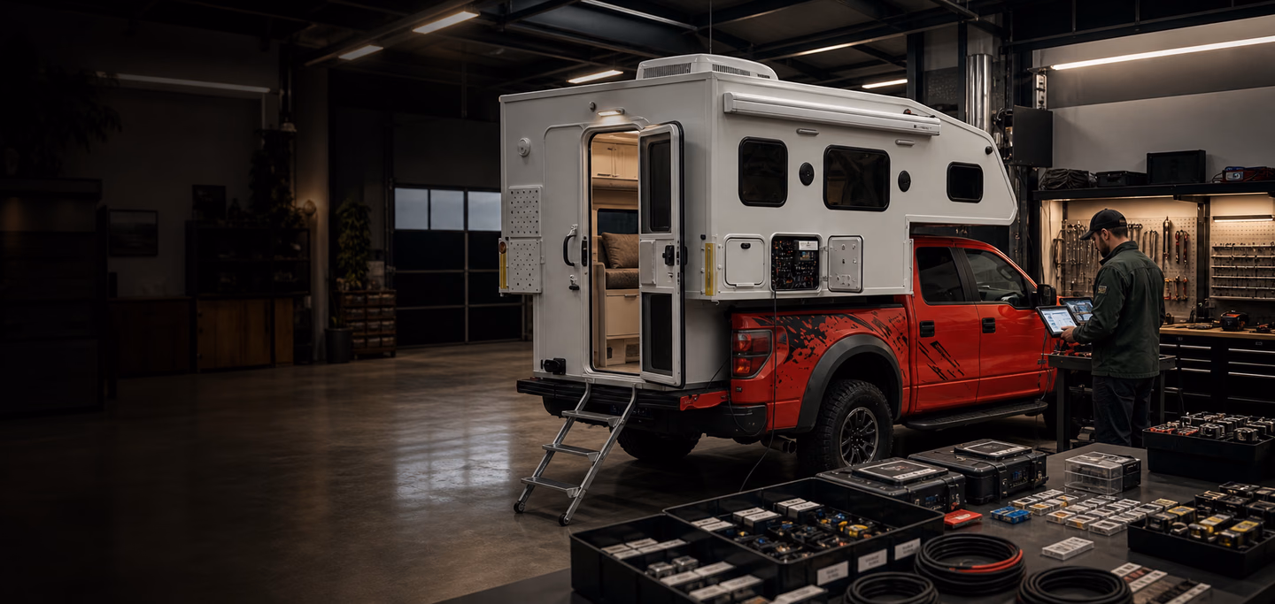 Kalowen service bay with a truck camper under inspection, labeled parts, electrical diagnostics, and a calm after-sales support atmosphere.